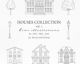 Op de afbeelding: Zwart-wit lijntekeningen van verschillende huizen, bomen en straatlantaarns. De tekst "HOUSES COLLECTION vol. 1 line illustrations" is zichtbaar. De afbeelding bevat ook de tekst "AI, EPS, PNG, SVG by NatalieArtShop."