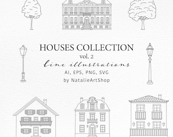 Op de afbeelding: Een set lijnillustraties van huizen en lantaarns. De illustraties zijn in zwart-wit en tonen verschillende architectuurstijlen, waaronder een groot landhuis, een klein huisje en een modern herenhuis. De illustraties zijn perfect voor gebruik in ontwerp projecten, zoals website ontwerp, brochures en social media graphics.