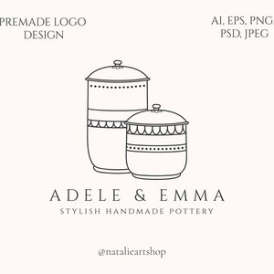 Op de afbeelding: Zwart-witte lijnkunst logo ontwerp voor een pottenbakkerij genaamd "Adele & Emma Stylish Handmade Pottery". Het logo toont twee gestileerde keramische potten met deksels.