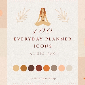 Puede incluir: Un conjunto de 100 iconos de planificador diario en formatos AI, EPS y PNG. Los iconos son de estilo minimalista con una paleta de colores apagados beige, marrón y naranja. Los iconos incluyen una máscara para dormir, lencería, un despertador, una mujer meditando, una mano escribiendo con un bolígrafo, una cámara y un frasco de perfume.