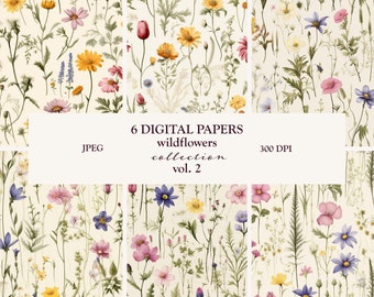 May include: Six digital papers featuring watercolour illustrations of wildflowers in various colours, including pink, yellow, blue, and green. The papers are 300 DPI and in JPEG format. The text "6 DIGITAL PAPERS wildflowers collection vol. 2" is displayed in the centre of the image.