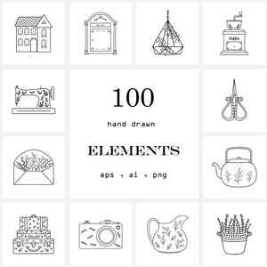 May include: A set of 100 hand-drawn black and white illustrations, including a baby carriage, a sewing machine, a house, a coffee grinder, a hanging planter, a pair of scissors, a cup of coffee, a teapot, a perfume bottle, a suitcase, a camera, a pitcher, a potted plant, and a bikini.