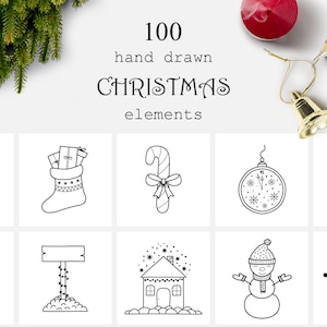 Icônes de Noel dessinées à la main Nouvel An instagram met en évidence l’illustration De contour png Éléments Clipart vecteur de la couronne de Noel Arbre de Noel
