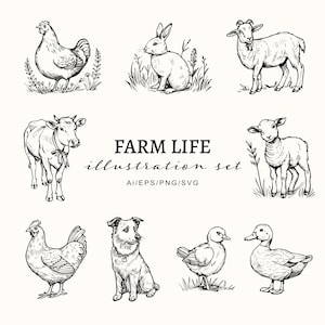 Animaux de la ferme Illustration ensemble-Ferme rustique Clipart PNG-agriculture clip art-Dessiné à la main Style-ferme-cour fichiers SVG-vecteur-volaille-vache-lapin