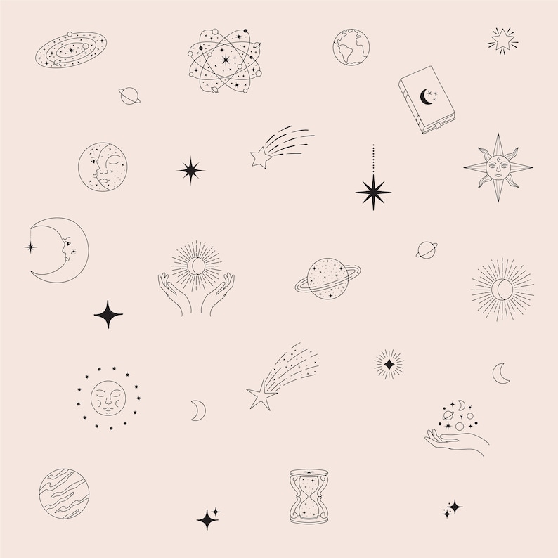 May include: A black and white illustration of celestial and astrological symbols, including planets, stars, moons, and an hourglass. The symbols are arranged in a random pattern on a light beige background.