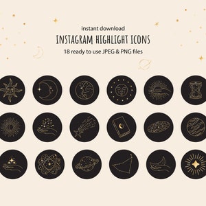May include: Set of 18 black and gold celestial Instagram highlight icons. The icons feature various celestial bodies, including the sun, moon, stars, planets, and constellations.