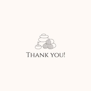 May include: A black and white line drawing of a spa treatment set with a stack of stones, rolled towels, and a candle. The text "THANK YOU!" is below the image.