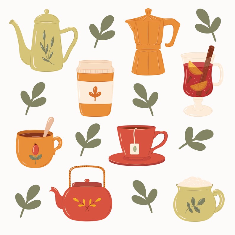 May include: A set of nine illustrations of various tea and coffee related items, including a teapot, coffee pot, mugs, a glass of mulled wine, and a to-go cup. The illustrations are in a cartoon style and feature warm colors like red, orange, and yellow.