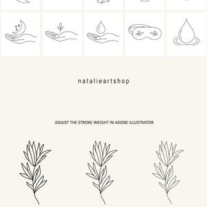 K&ouml;nnte beinhalten: Ein Satz von 10 minimalistischen Line-Art-Illustrationen f&uuml;r den Einsatz in digitalen oder Druckprojekten. Die Illustrationen beinhalten einen Halbmond, eine Hand, die eine Pflanze h&auml;lt, eine Hand, die einen Wassertropfen h&auml;lt, einen Kristall, ein Buch, ein Kreuz, eine Schlafmaske, einen Wassertropfen in einem Pool, einen R&auml;ucherst&auml;bchen und eine Hand, die einen Halbmond h&auml;lt. Der Text "natalieartshop" und "ADJUST THE STROKE WEIGHT IN ADOBE ILLUSTRATOR" ist ebenfalls im Bild enthalten.