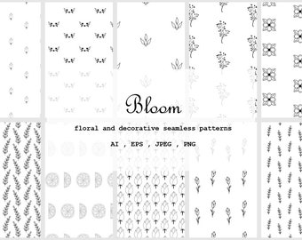 Bloom - patrones florales y decorativos.  Pack de Papel Digital Floral. Patrón floral sin costuras. Álbum de recortes. Embalaje y papel de envolver.