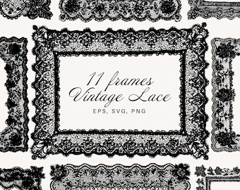 Lot de cliparts cadre dentelle vintage SVG | Cadres PNG ornés de dentelle et de napperon pour scrapbookings, invitations, travaux manuels et conception numérique, dentelle vectorielle