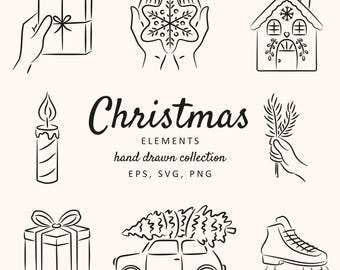 Handgezeichnete Weihnachtselemente Clipart-Set, Winter Urlaub Symbole SVG, minimalistische Illustrationen, Kiefer, Kranz PNG, sofortiger digitaler Download