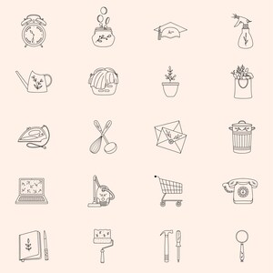 May include: A set of 16 black and white line drawings of various household items, including an alarm clock, a piggy bank, a graduation cap, a spray bottle, a watering can, a basket, a potted plant, a shopping bag, an iron, a whisk and spoon, an envelope, a bin, a laptop, a vacuum cleaner, a shopping trolley, a rotary phone, a notebook, a paint roller, a hammer, and a magnifying glass.