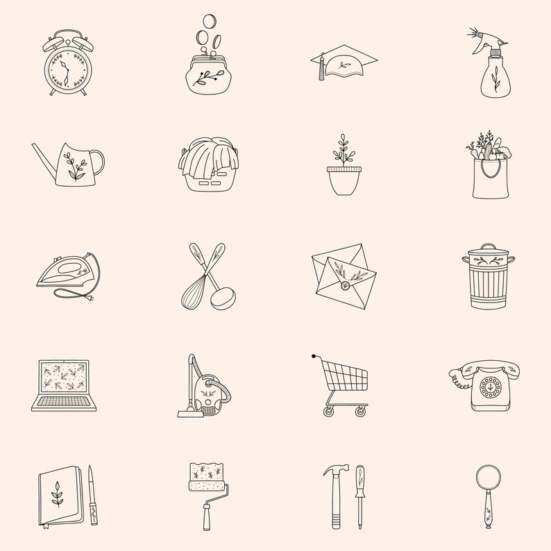 May include: A set of 16 black and white line drawings of various household items, including an alarm clock, a piggy bank, a graduation cap, a spray bottle, a watering can, a basket, a potted plant, a shopping bag, an iron, a whisk and spoon, an envelope, a bin, a laptop, a vacuum cleaner, a shopping trolley, a rotary phone, a notebook, a paint roller, a hammer, and a magnifying glass.