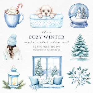 Clipart invernale accogliente blu acquerello, clipart natalizio, clipart natalizio blu, illustrazione della stagione invernale, PNG ragazza invernale, pacchetto invernale