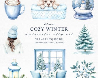 Watercolor Blue Cozy Winter Clipart, Christmas Clip art, Blue Christmas Clipart, Winter Season Illustration, Winter Girl PNG, Winter bundle