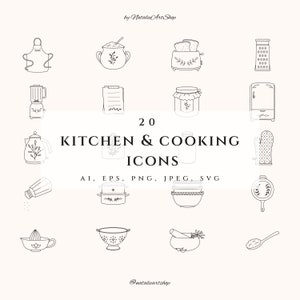 Conjunto de ícones de cozinha - Elemento de logotipo de cozinha - Ilustração de padaria PNG - Food clip art - Adesivos de receitas - Ícones de linha desenhados à mão - Capa de destaque do Instagram