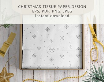 May include: A white tissue paper with a snowflake pattern and black dots. The tissue paper is in a brown box on a white wooden surface. The text "CHRISTMAS TISSUE PAPER DESIGN EPS, PDF, PNG, JPEG instant download" is above the box.