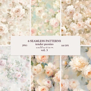Pode incluir: Seis padrões sem costura com peônias delicadas de cor rosa pastel e branco em estilo aquarela. Os padrões são perfeitos para criar designs digitais ou impressos.