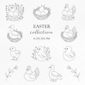 Ostern Illustration Set-Ostern Küken-Hen SVG-Ente Clip Art-Osterei-Frühlingsblumen-Nest Vektor-Kommerzielle Nutzung-Outline-Individual PNG