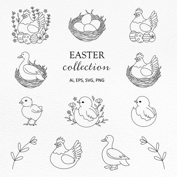 Easter illustration set-Easter chick-Hen SVG-Duck clip art-Easter eggs-Spring flowers-Nest vector-Commercial use-Outline-Individual PNG