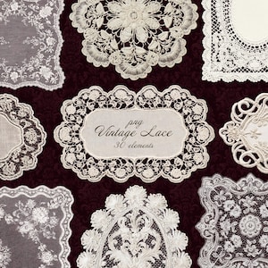 Puede incluir: Una variedad de tapetes y elementos decorativos de encaje vintage en diversas formas y patrones. El encaje es principalmente blanquecino, sobre un fondo burdeos oscuro. La imagen incluye un elemento central con el texto "png Vintage Lace 30 elements."