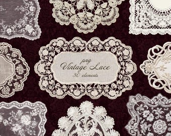 Vintage Lace Clipart PNG Set, Ivory Lace Doilies, Ornamental Lace Elements, Wedding Invitation Decor | Scrapbook Kit