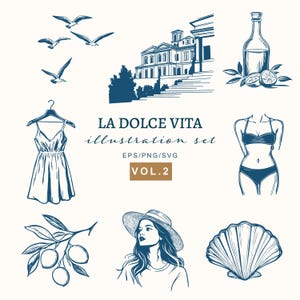 ラ・ドルチェ・ヴィータ夏のイラスト、ベクタークリップアート、海岸、ビーチ、休暇、ブランディングのための地中海グラフィック、気まぐれなイタリア、旅行
