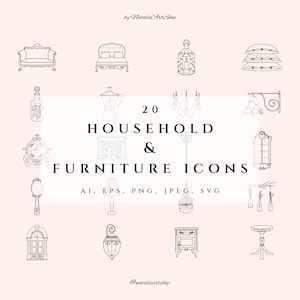 Household and furniture icon set, Hand drawn illustration, Home clipart SVG, Highlights Instagram covers PNG, Retro object EPS, Vector icons