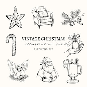 Vintage kerstillustratie set-handgetekende stijl vakantie clipart-retro kerst SVG-DIY kerstkaart-feestelijke kunst png-commercieel gebruik