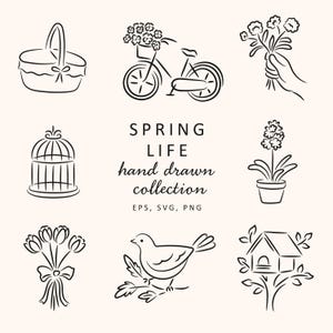 春のイラストセット SVG | 自然の落書きクリップアート PNG、花、自然の手描き線画、ベクターイラスト、招待状、ブランディング