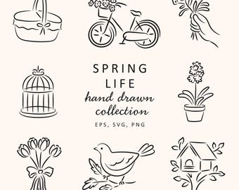 Spring Illustration Set SVG | Nature Doodles Clipart PNG, Floral, Nature Hand Drawn Line Art, Vector Illustrations, Invitations, Branding