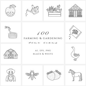 Conjunto de ícones de linha de agricultura e jardinagem Ícones desenhados à mão Elementos do logotipo da fazenda Jardim Instagram destaques Fazenda Clipart Jardim ilustração Png Eps