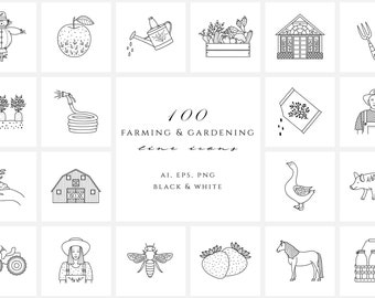 Farming & gardening line icon set Hand drawn icons Farm logo elements Garden Instagram highlights Farm Clipart Garden illustration Png Eps