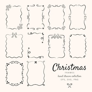 Può includere: Una collezione di dodici cornici natalizie nere disegnate a mano con vari elementi decorativi come fiocchi, agrifoglio e stelle. Il testo "Christmas Frames" è visualizzato in corsivo, con informazioni sul tipo di file.
