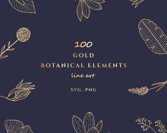 Gold Flower Set SVG-Flower Set PNG-Hand drawn-Botanical Clipart Bundle-Wedding flower-Line drawing-Line art-Floral illustration-Leaves-Plant