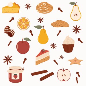 May include: A collection of autumn-themed illustrations, including a pumpkin pie, cinnamon rolls, apples, pears, star anise, cloves, and a jar of strawberry jam.
