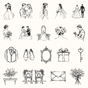 May include: A collection of black and white illustrations depicting wedding-related items, including a bride and groom, wedding rings, flowers, a cake, a key, a mirror, shoes, chairs, and an envelope.