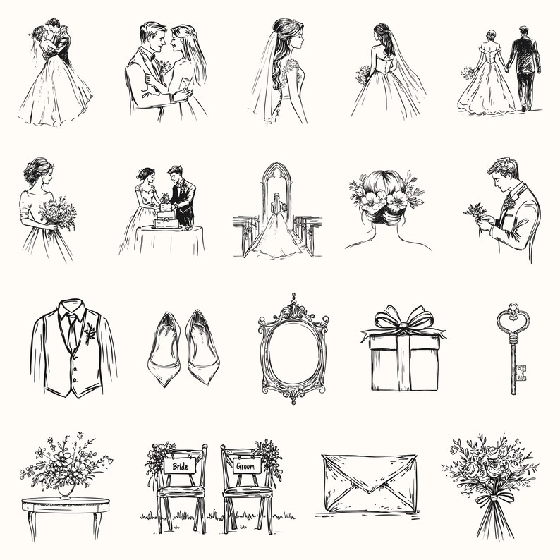 May include: A collection of black and white illustrations depicting wedding-related items, including a bride and groom, wedding rings, flowers, a cake, a key, a mirror, shoes, chairs, and an envelope.