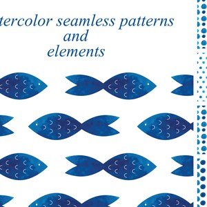 Blue watercolor seamless patterns and elements