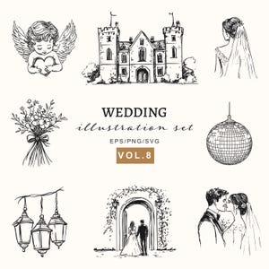 Paquete de ilustraciones de bodas de línea, gráficos florales y de lugares para invitaciones, señalización, marca, PNG/vector de boda, conjunto de San Valentín SVG