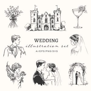 Paquete de ilustraciones elegantes para bodas / Gráficos florales y para eventos para invitaciones, señalización y marca / Arte vectorial editable para proyectos de bricolaje