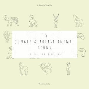 Set di icone animali della giungla / Clipart animale della foresta / Animale Safari disegnato a mano / Linea art / animale zoo/Tiger SVG / Lion PNG / Copertina di Instagram