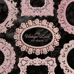 May include: A collection of pink vintage lace frames in various shapes, including oval, round, and rectangular. The frames are intricately detailed with floral and scroll patterns. The text "png Vintage Lace 42 elements" is displayed on one of the frames.
