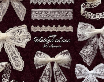 Set di clipart PNG in pizzo vintage, fiocchi in pizzo avorio, nastri, bordi, elementi ornamentali in pizzo, decorazioni per inviti di nozze, kit per album di ritagli