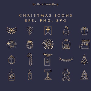 Ensemble d’icônes de Noël dessinées à la main d’or-Faits saillants instagram du Nouvel An-Illustration de contour SVG-Élément clipart PNG- Arbre de Noël vectoriel doré