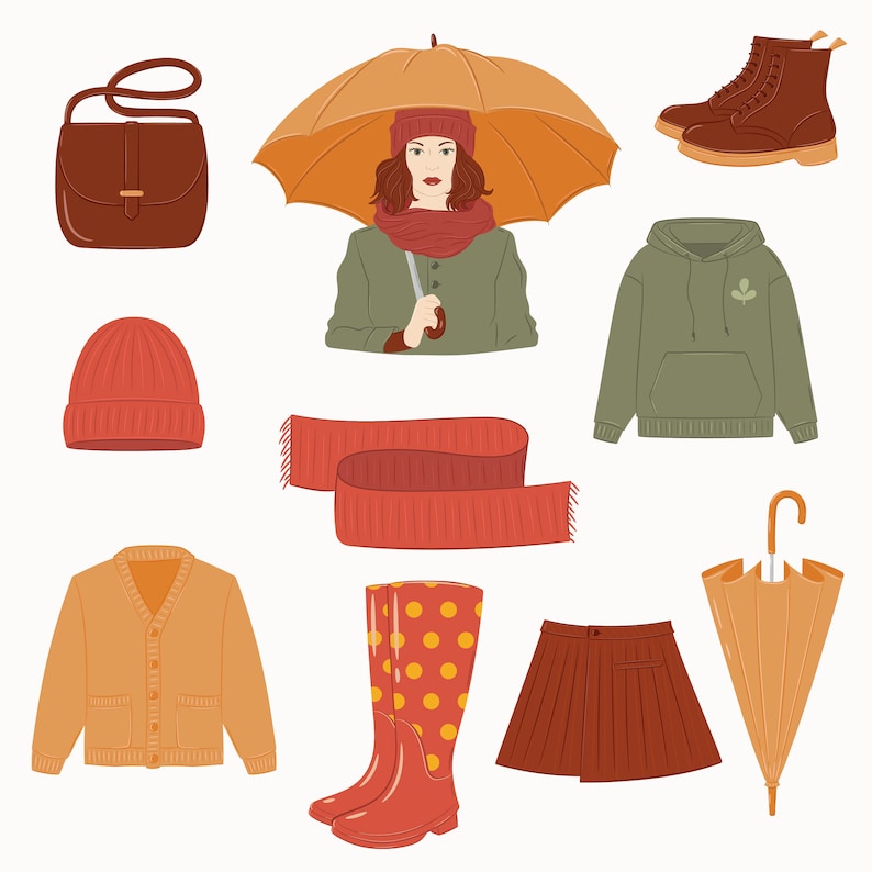 May include: A set of autumnal clothing and accessories, including a red beanie, a brown leather bag, a red scarf, a green hoodie, a yellow cardigan, a brown skirt, a pair of red rain boots with white polka dots, two umbrellas, and a pair of brown boots.