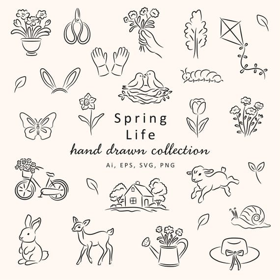 Spring Illustration Set SVG | Easter Clipart PNG | Floral, Nature Holiday Hand Drawn Line Art | Vector Illustrations | Invitations, Branding