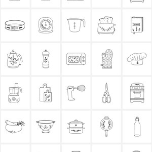 Puede incluir: Un conjunto de 30 dibujos en blanco y negro de utensilios y electrodom&eacute;sticos de cocina. Las ilustraciones incluyen una b&aacute;scula, un rallador, una batidora, un taz&oacute;n, un refrigerador, un molde para pasteles, un temporizador, una taza medidora, una tostadora, un libro de cocina, una tetera, un pimentero, un horno de microondas, un guante para horno, un gorro de cocinero, una licuadora, una tabla para cortar, un batidor, unas tijeras, una estufa, un mortero y un pil&oacute;n, un colador, una olla de vapor, una sart&eacute;n, una botella, una mantequillera, una pila de tazones, un pelador, un molde para muffins y una licuadora.