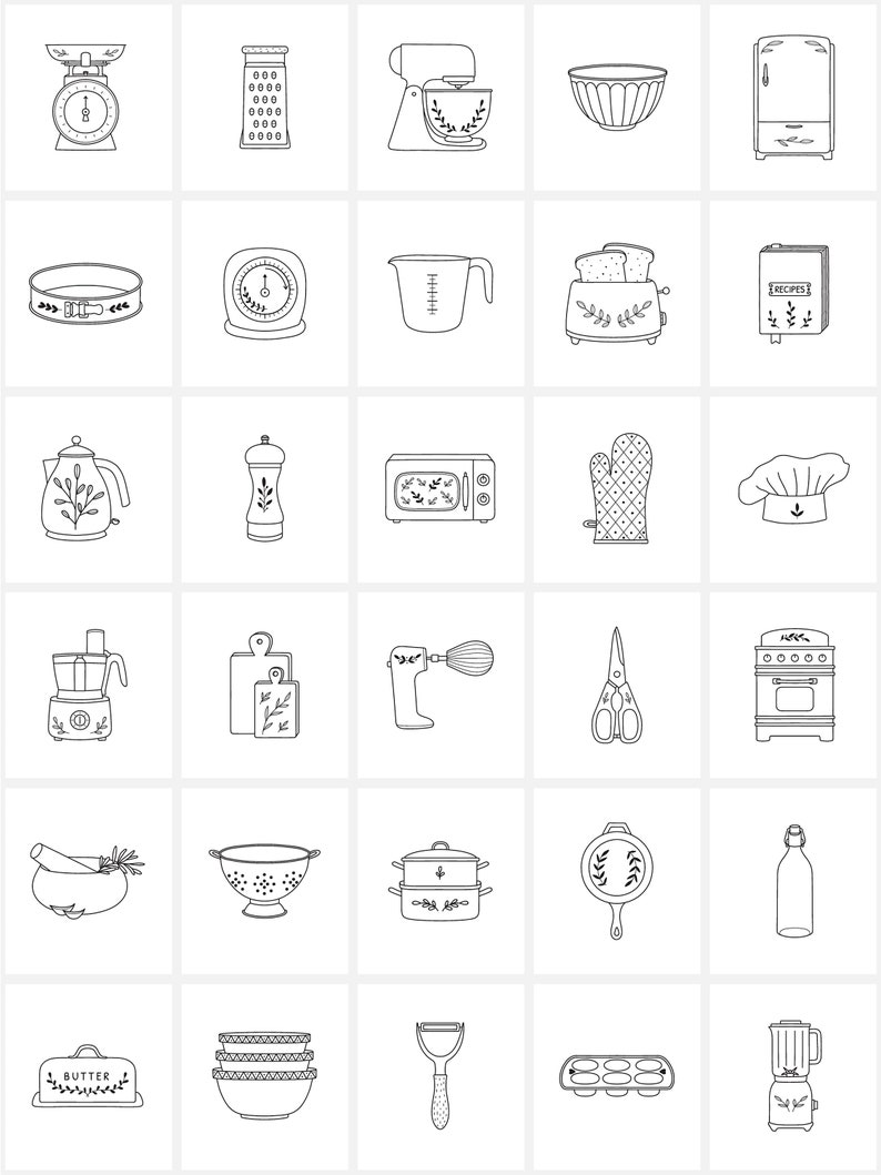 Puede incluir: Un conjunto de 30 dibujos en blanco y negro de utensilios y electrodom&eacute;sticos de cocina. Las ilustraciones incluyen una b&aacute;scula, un rallador, una batidora, un taz&oacute;n, un refrigerador, un molde para pasteles, un temporizador, una taza medidora, una tostadora, un libro de cocina, una tetera, un pimentero, un horno de microondas, un guante para horno, un gorro de cocinero, una licuadora, una tabla para cortar, un batidor, unas tijeras, una estufa, un mortero y un pil&oacute;n, un colador, una olla de vapor, una sart&eacute;n, una botella, una mantequillera, una pila de tazones, un pelador, un molde para muffins y una licuadora.